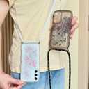 Crossbody Case for Samsung Galaxy S24 / S25 5G 6.2'' with Detachable Lanyard, Hands-Free Bling Glitter Silicone Clear Cute Butterfly Wave Woman Girls Cover with Adjustable Neck Rope, White