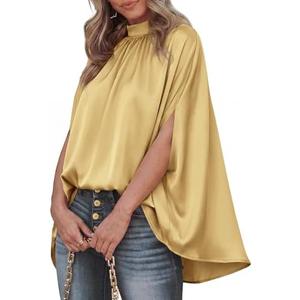 BTFBM Womens Summer Tops 2026 Mock Neck Batwing Sleeve Silk Satin Shirts Loose Oversized Dressy Casual Spring Blouses XL