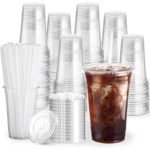 100 Pack 20 oz Clear Plastic Cups with Lids and Straws, Disposable Coffee Cups with Lids, To Go Iced Coffee Cups with Lids, Disposable Cups for Party, Smoothie Cup for Cold Drinks