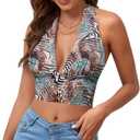 Rooscier Women's Halter Tie Back Crop Top | Deep V Neck Sleeveless Backless Cami (Brown, XL)