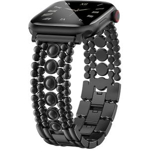 Minyee Compatible with Apple Watch Band 42/46/38/40/41/44/45/49mm Women, Dressy Pretty Stainless Steel Metal Strap Fancy Studded Designer Link Bracelet for iWatch Series 11 10 9 8 7 6 5 4 SE/Ultra 3 (Black)