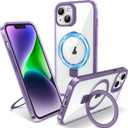 Magnetic Case for iPhone 14 Plus - [Built-in Invisible Stand] [Compatible with MagSafe] [Military Grade Drop Protection] Anti-Yellowing Hard Back Silicone Edge Cover, 6.7", Clear Purple