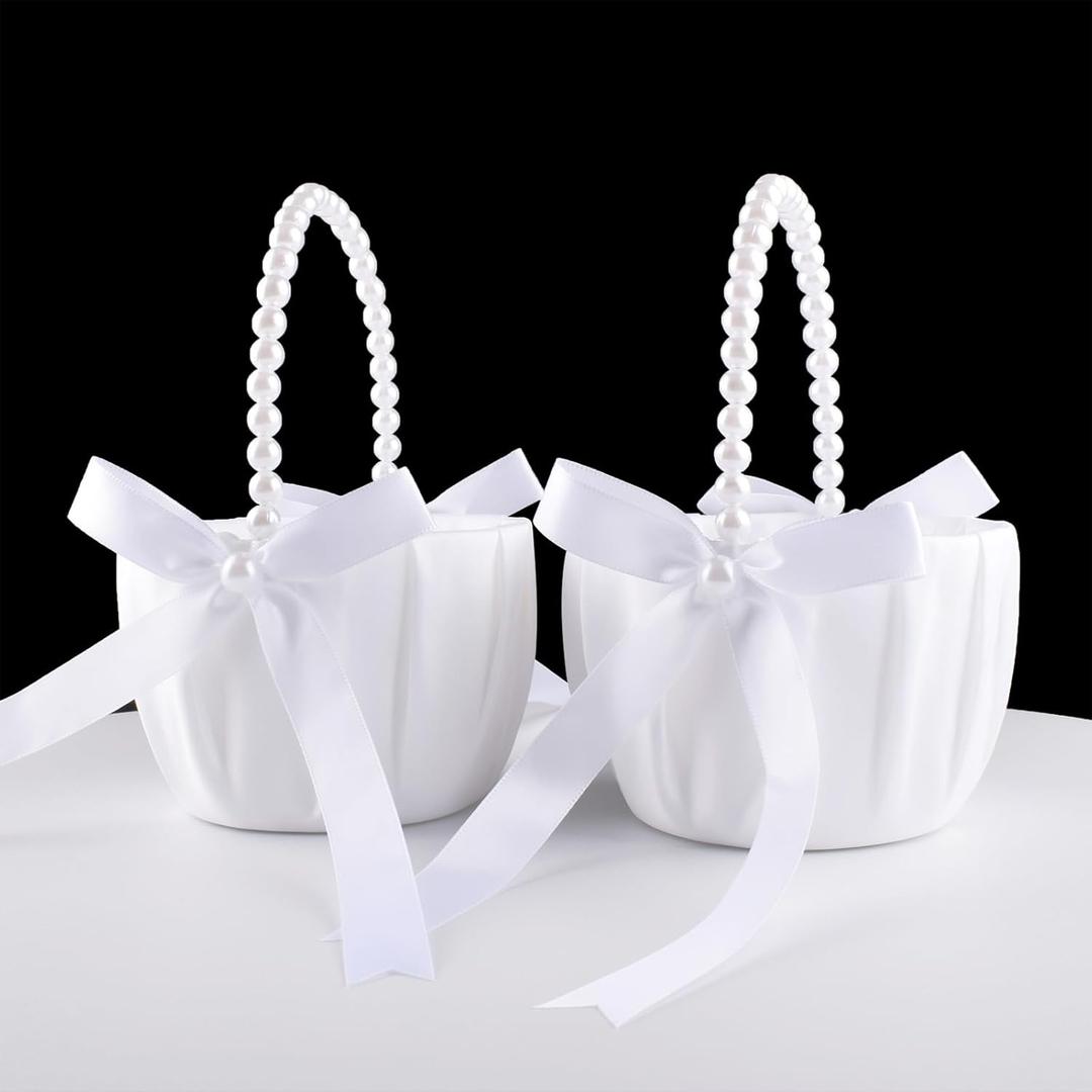 ATAILOVE 2 Wedding Flower Girl Baskets with Pearl Handle, Satin Bowknot Flower Baskets for Flower Girl Pearl Collection - White