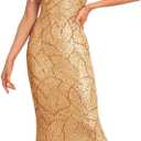 One Shoulder Formal Sequin Dress for Women Sparkly Bodycon Evening Gowns Maxi Mermaid Ball Long Dresses Gold, L