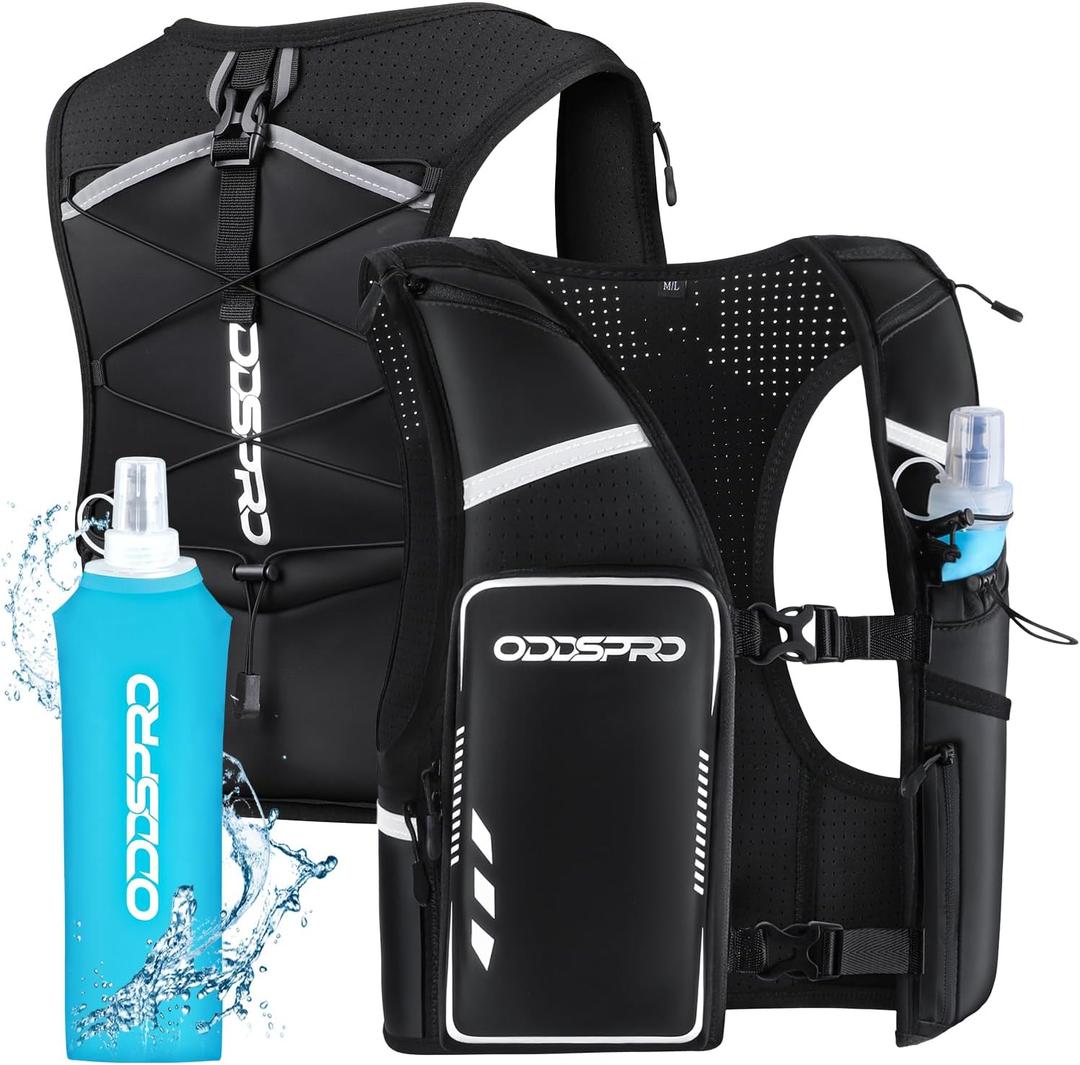 Running Vest for Women Men, Phone Pocket Running Hydration Vest with 500ML Soft Flask, Adjustable Chest Waist Straps, 10 Pockets Reflective Breathable Hydration Vest for Hiking, Biking, Marathon (Medium - Large)