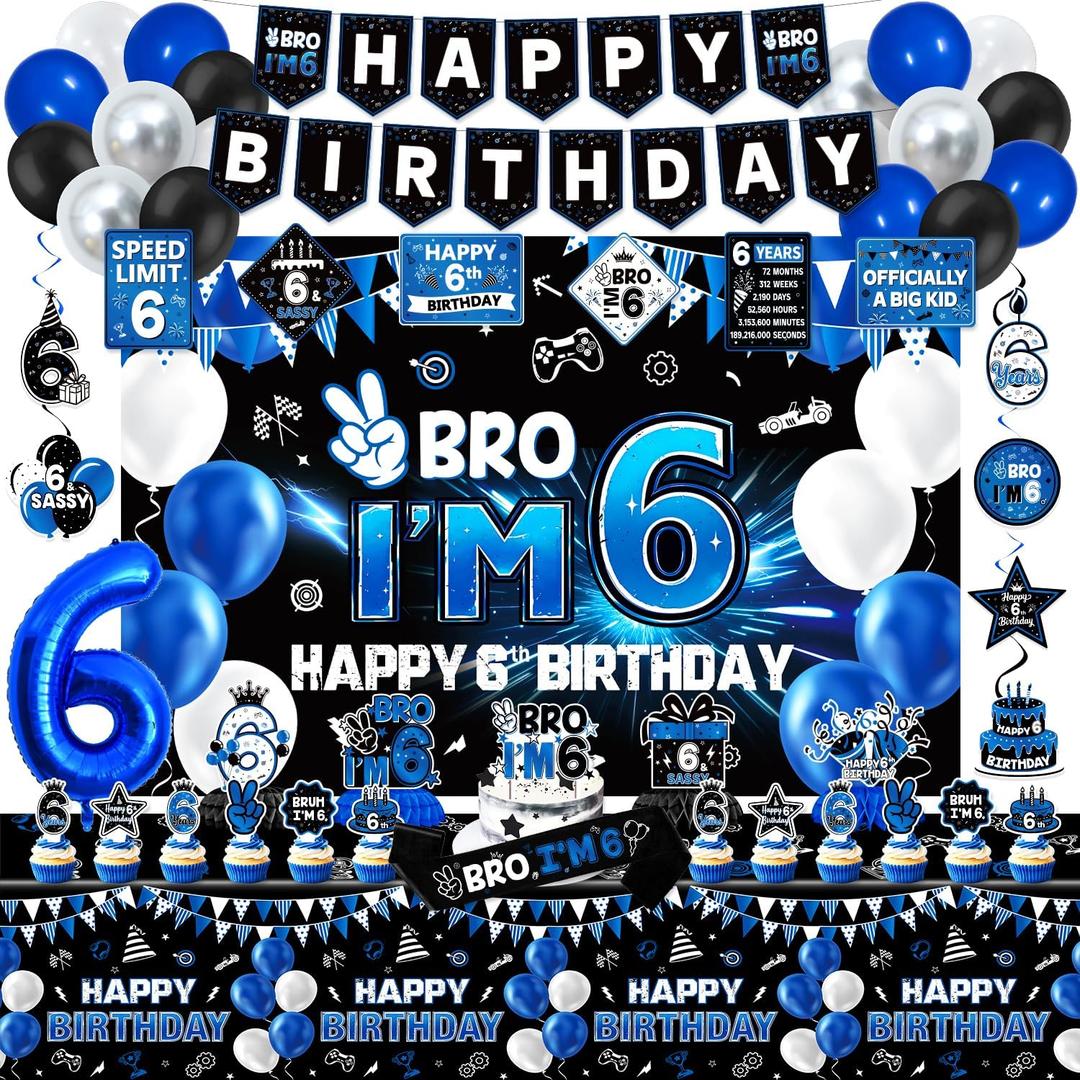 6th Birthday Decorations for Boys, Blue Black Bro Im 6 Year Old Party Decor Supplies for Boy 6th Birthday - Backdrop, Banner, Balloons, Tablecloth, Centerpieces, Hanging Swirls, Wall Signs