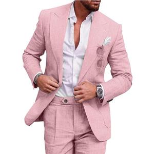UNINUKOO Linen Suit for Men Summer Wedding 2 Piece Suit Set Peak Lapel Casual Blazer Pants Beach Wear for Men (Large, Light Pink)