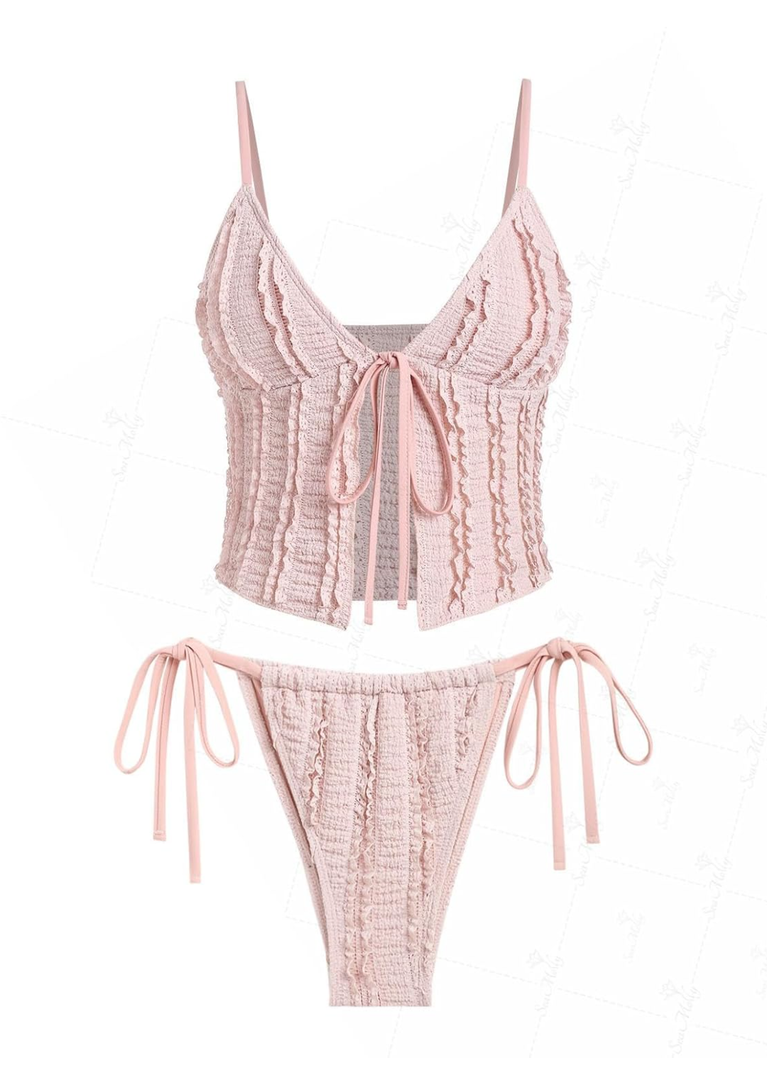 Seamoly Ruffled Trim Textured Tied Side Tanga Tankini Set, Size Medium