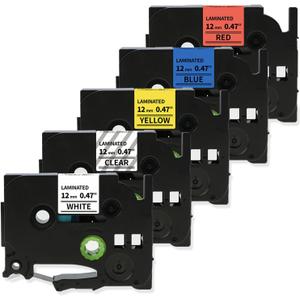 Label Maker Tape Replacement for Brother PT-D200 1280 2040 1750 1090 1180 1880 1890 Label Maker Refills TZe TZ Tape 12mm 0.47 Inch Laminated Compatible with Brother P Touch Colored Labels, 5 Pack