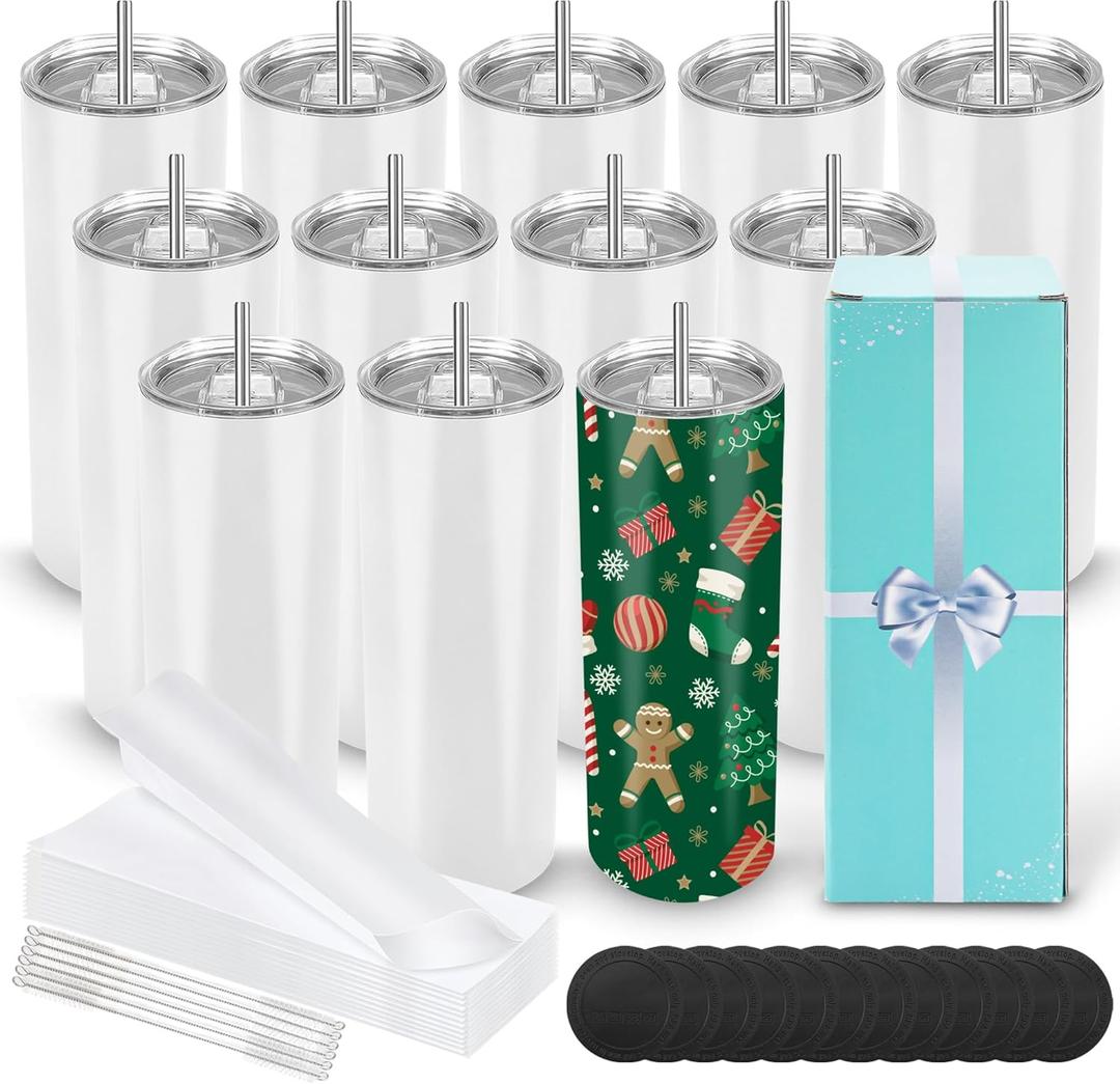 DS 12 Pack Sublimation Tumblers 20 oz Bulk Skinny Straight Flat Bottom Blank Tumbler Cups with Individual Gift Boxed for Heat Transfer DIY Craft