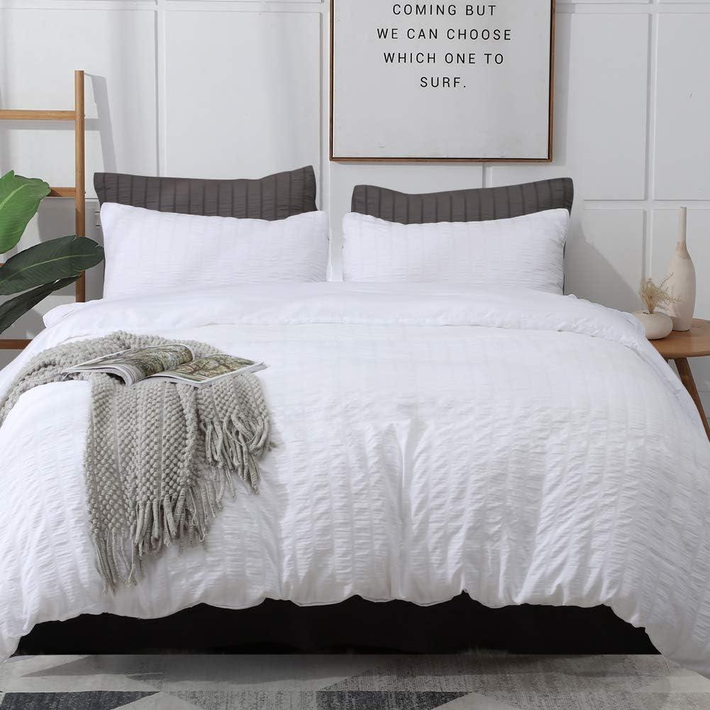 AveLom White Duvet Cover Queen (90 x 90 Inches) 3 Pieces (1 Duvet Cover + 2 Pillow Cases) Stripe Zipper Closure Corner Ties Soft Washed Microfiber Duvet Cover for Men, Women