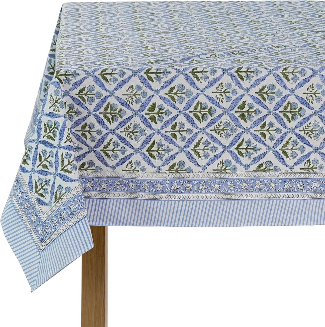 Ridhi Steel Blue 60x60 Inches Square 100% Cotton Hand Block Print Tablecloth Washable Halloween Thanksgiving/Christmas Parties/Wedding Use,Fall dcor Farmhouse Dining Dinner Tablecloth