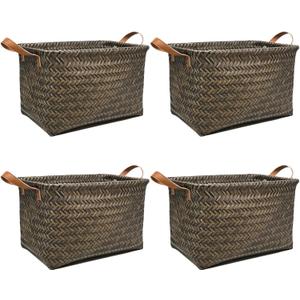 GIB Large Wicker Storage Baskets for Shelves, Woven Laundry Basket for Organizing Clothes Blanket Basket, Decorative Rectangular Closet Organizers Storage Bins with Handles, Espresso, 4 Pack