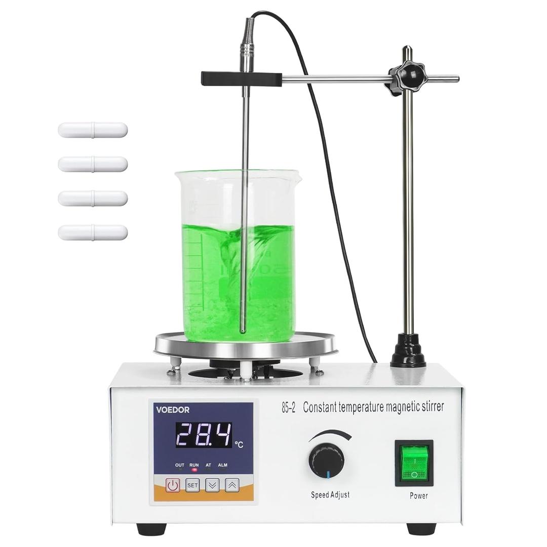 85-2 Digital Display Magnetic Stirrer with 4 Magnetic Stir Bars  Magnetic Stirrer Hot Plate, 0-2000 RPM Lab Stirring System with Temperature Probe, Stainless Steel Plate & Stand Support