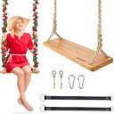 Hanging Wooden Swing, 24"x 8"x 1.2" Tree Swing for Adults Kids, Adjustable Thick Nylon Rope Plus Tree Straps 10.61FT, Wood Swing Set with Rose Garland for Indoor & Outdoor
