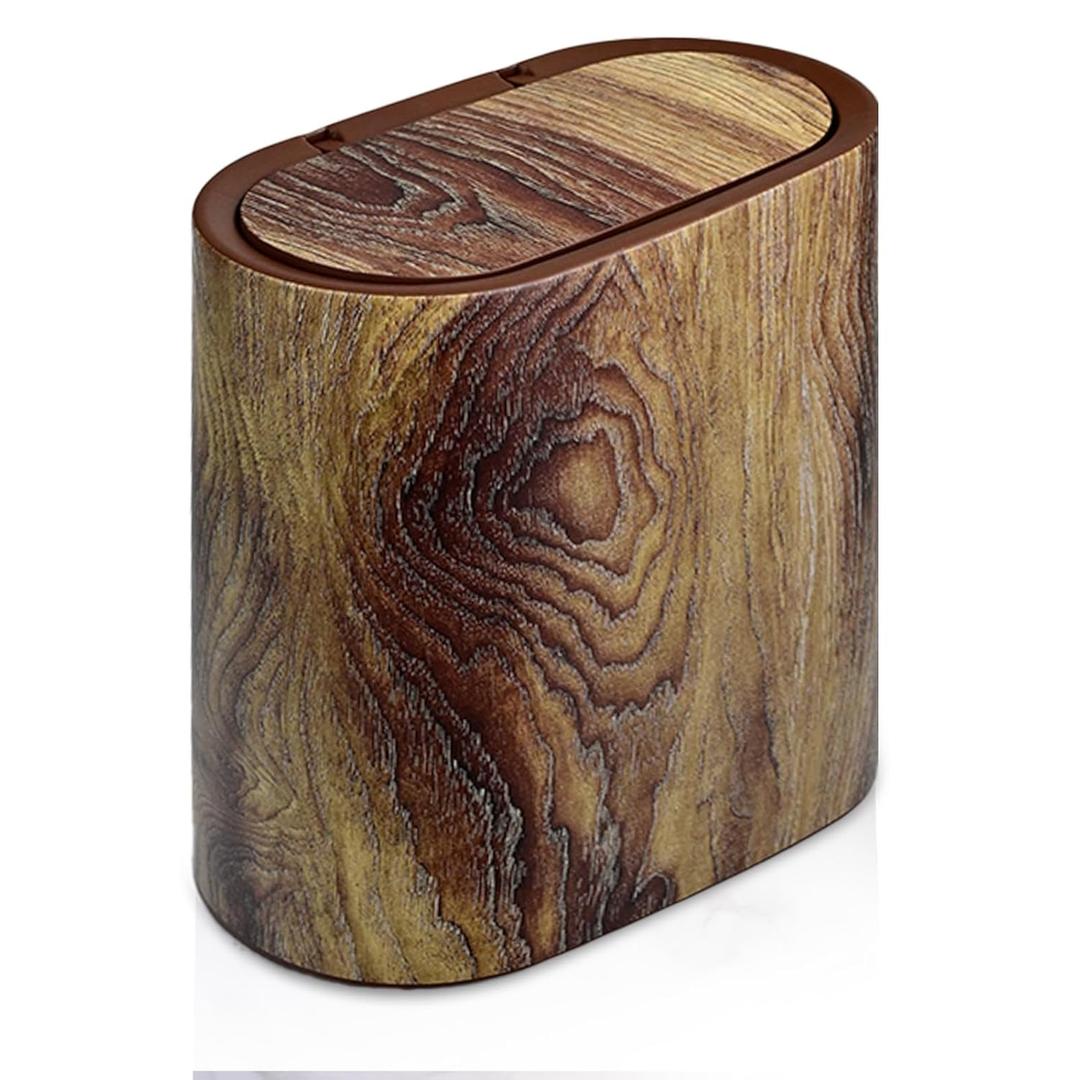 Bathroom Trashcans with Lids, Plastic Marble Wood Pattern Trash Can Small Garbage Bin with Lid for Bathroom Narrow Wastebasket Modern Waste Basket for Home Indoor Hotel (Plastic Wood Pattern)