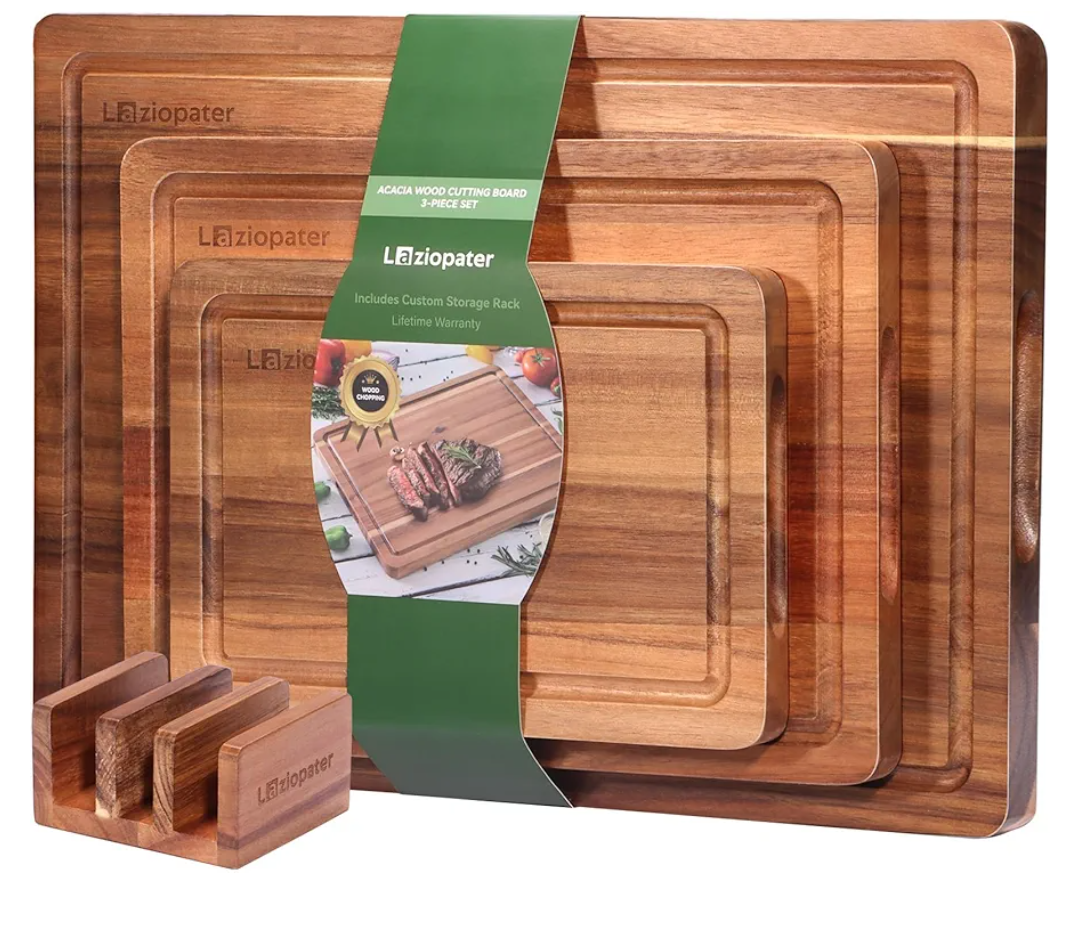 Acacia Wood Cutting Board，Solid Wood Cutting Board for Kitchen with Holder with Deep Juice Grooves & Built-in Handles, Durable Wooden Chopping Board Set of 3 for Meat, Vegetables and Fruits