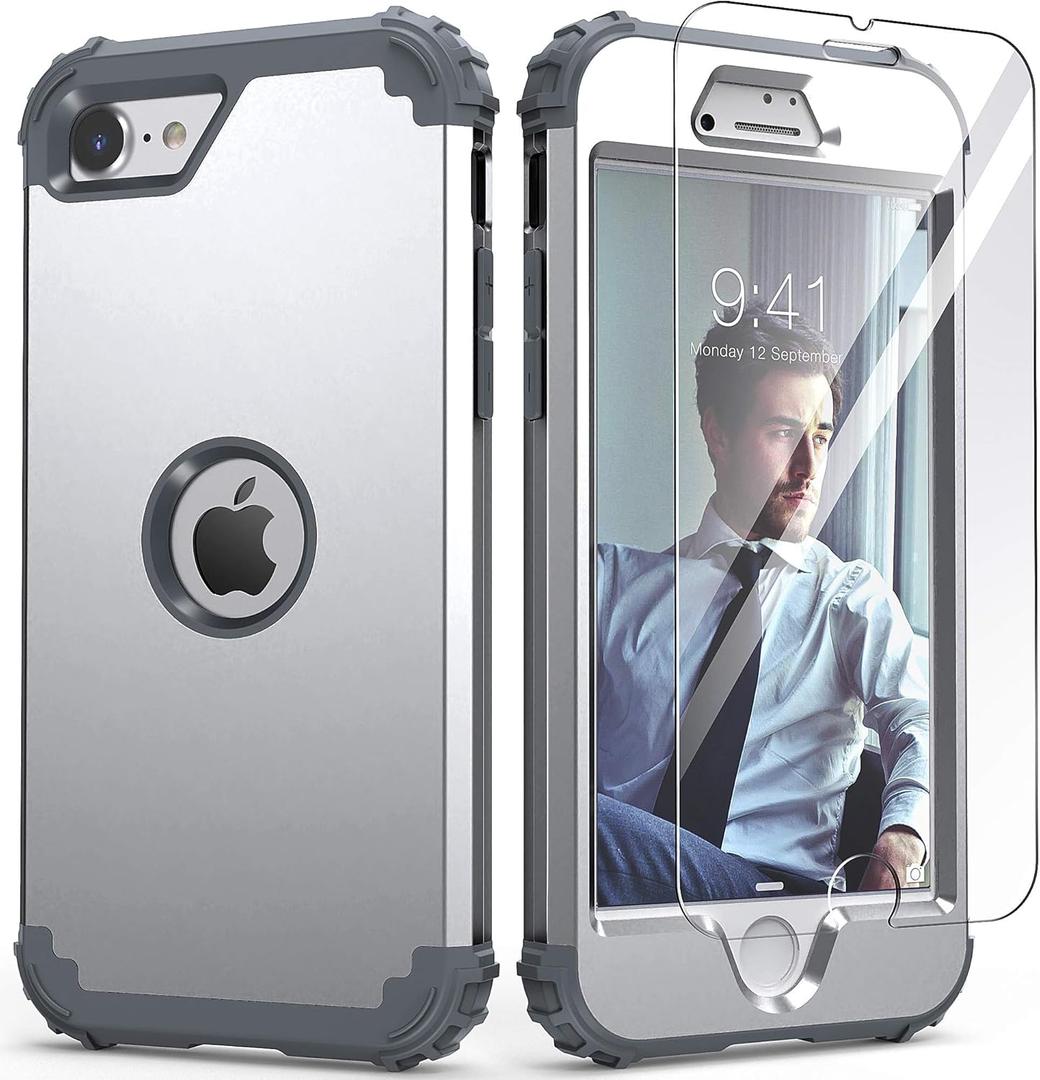 IDweel for iPhone SE 2020 Case with Screen Protector, for iPhone SE 2022 Case,3 in 1 Shock Absorption Slim Fit Heavy Duty Hard PC Cover Soft Silicone Bumper, Full Body Sturdy Cover,Silver