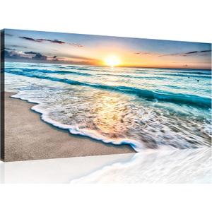 TutuBeer 1 Pcs Beach Wall Art Beach Wall Decor Blue Sea Sunset White Beach Ocean Wall Art Beach Pictures Wall Art Seascape Print on Canvas Ocean Decor Beach Decor for Bedroom Home Decor 16x32 inch