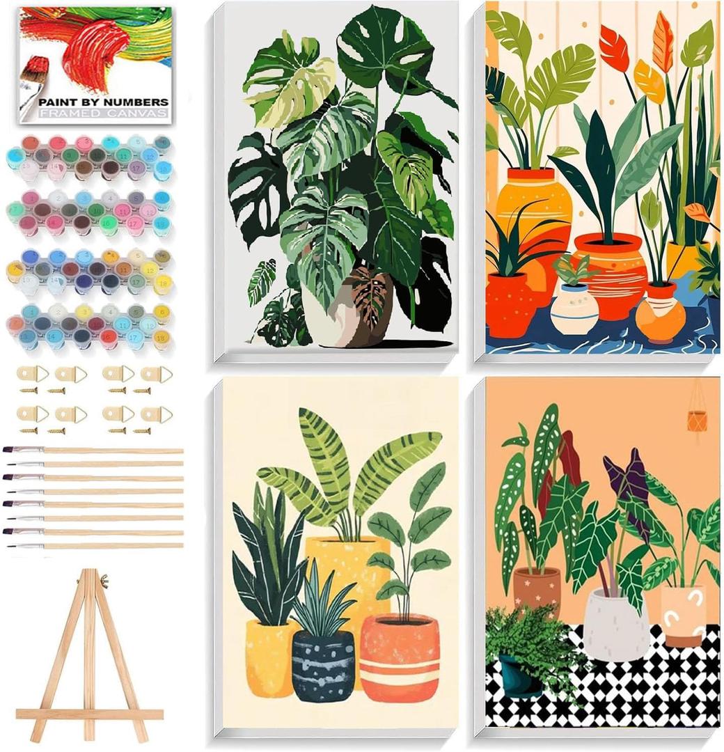 ICYANART 4 Pack Paint by Numbers kit for Adults with Frame and Wooden Easel, Plant Adult Paint by Number Kits, DIY Acrylic Oil Painting by Number for Beginners Home Wall Decor Gift (8x12 inch)