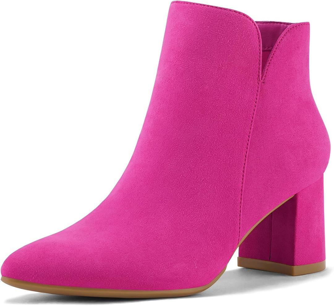mysoft Women's Ankle Boots Chunky Block Low Heel Comfortable Pointed Toe Side V Cutout Dressy Office Booties with Zipper (9, Hot Pink)