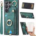 JanCalm for Samsung Galaxy S25 Plus Case,Phone Card Holder Ring Stand,RFID Blocking Wallet,Wrist Strap,Leather Shockproof Protective Magnetic Flip Cases Cover (Green)