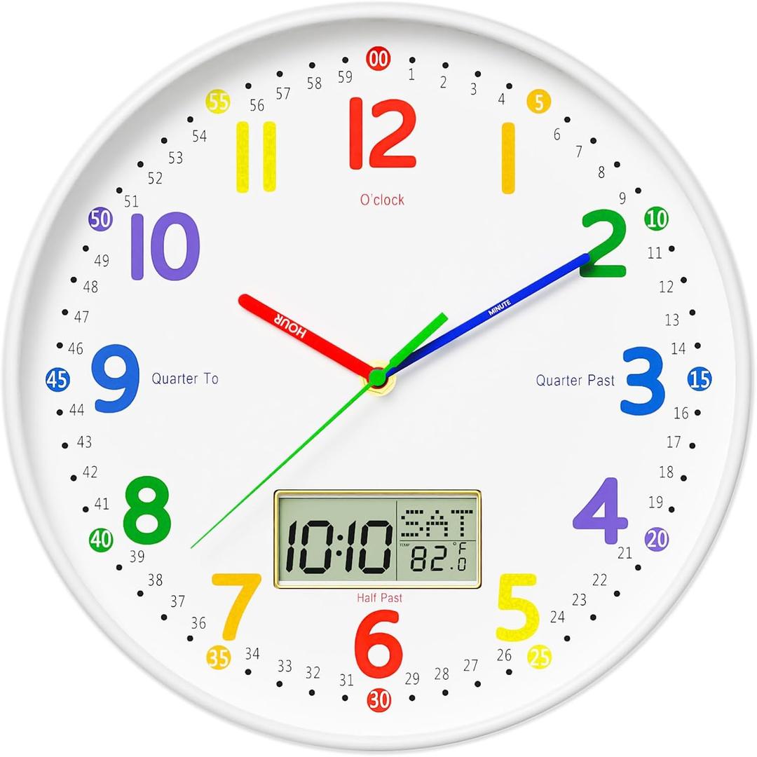 12" Silent Teaching Wall Clock with LCD Date Weekday Temperature Display – Tempered Glass, Non-Ticking Battery Operated Learning Clock for Kids Room, Classroom, Home Decor