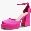 DREAM PAIRS Women’s High Chunky Platform Closed Toe Block Heels Square Toe Ankle Strap Dress Wedding Party Pumps Shoes Aurelia, 7.5, Rose Red-satin