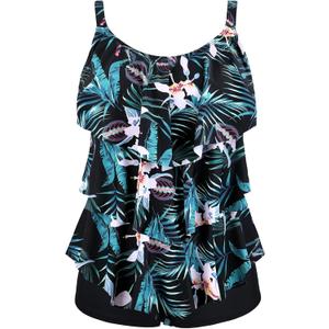 Septangle Tankini Swimsuits for Women Tummy Control 2 Piece Tankini Bathing Suits Set Flounce Swim Tops with Boyshorts Modest Swimwear, Black & Lily, US 10
