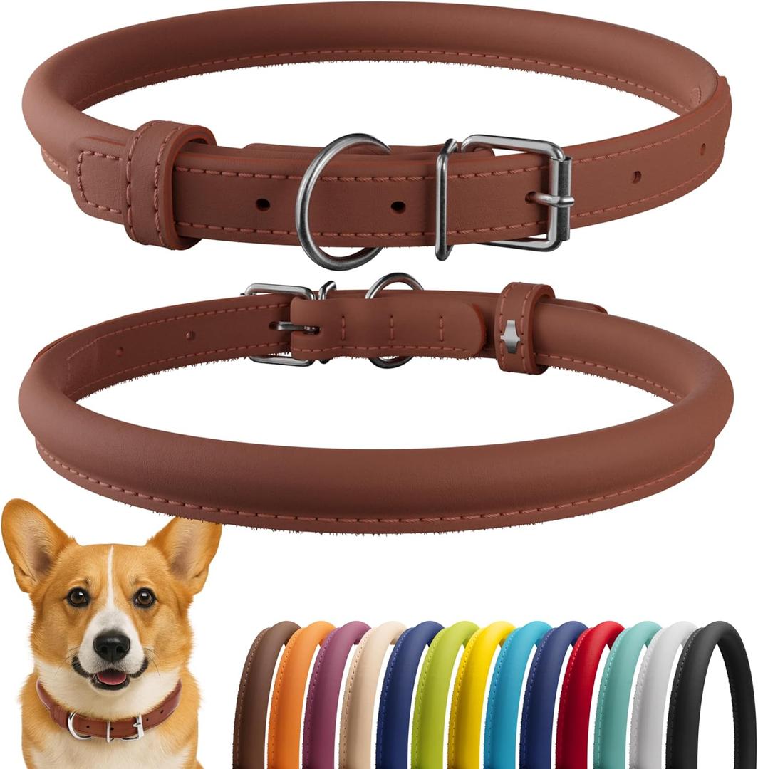 CollarDirect Rolled Leather Dog Collar, Soft Padded Round Puppy Collar, Handmade Genuine Leather Collar Dog Small Large Cat Collars 13 Colors (11-14 Inch, Cinnamon Smooth) (Brown)