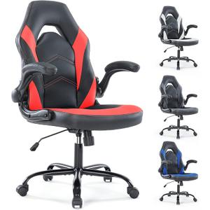 Gaming Computer Chair Ergonomic Office Chair Desk Chair with Lumbar Support Flip Up Arms Adjustable Height Swivel PU Leather Executive with Wheels for Adults Women Men Red