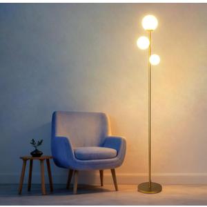 Fiqevs 3 Globe Mid Century Modern Floor Lamp for Living Room, Gold Standing Lamp with Frosted Glass Shade and 3x2700K Warm LED Bulbs, Vintage Retro Tall Lamps for Bedrooms, Office - Antique Brass