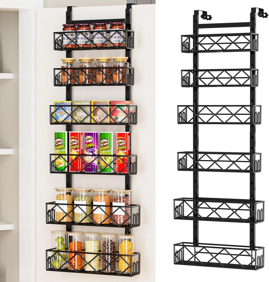 Over the Door Pantry Organizer 6-Tier Adjustable Baskets Hanging Spice Door Rack Narrow - 13.1" W x 52.3" H Behind the Door Storage for Kitchen, Bathroom, and Closet Organization - Black