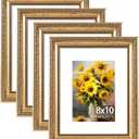 JCJMY 8x10 Vintage Picture Frame with 5x7 Mat Set of 4, Elegant Retro 8 by 10 Photo Frame with Shatter-Resistant Plexiglass for Wall or Tabletop Display, Gallery Decor & Gift, Gold, 4 Pack