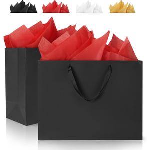Argivean Extra Large Black Gift Bags: 2pcs 16x6x12 Inch Gift Bags With Handle For Birthday Wedding Party Business (With Red Tissue Paper)