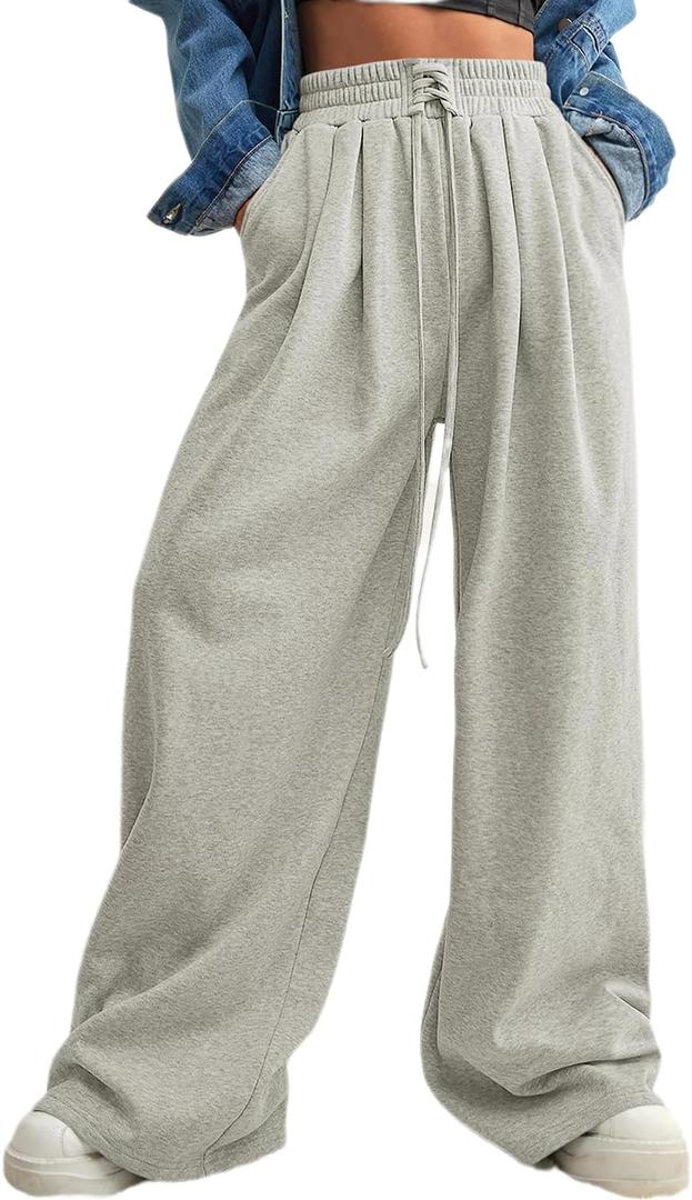 Aleumdr Wide Leg Sweatpants for Women 2025 Trendy Fashion High Waisted Drawstring Loose Long Pants with Pockets (Size S, Gray) 