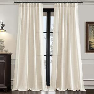 Living Room 102 Inch Long Curtains Thick Linen Blend Cream Pleated Drapes Back Tab & Rod Pocket, Semi Sheer Privacy Light Filtering Large Window Curtain for Nursery Panels of 2 Set Cute White Ivory (Birch)