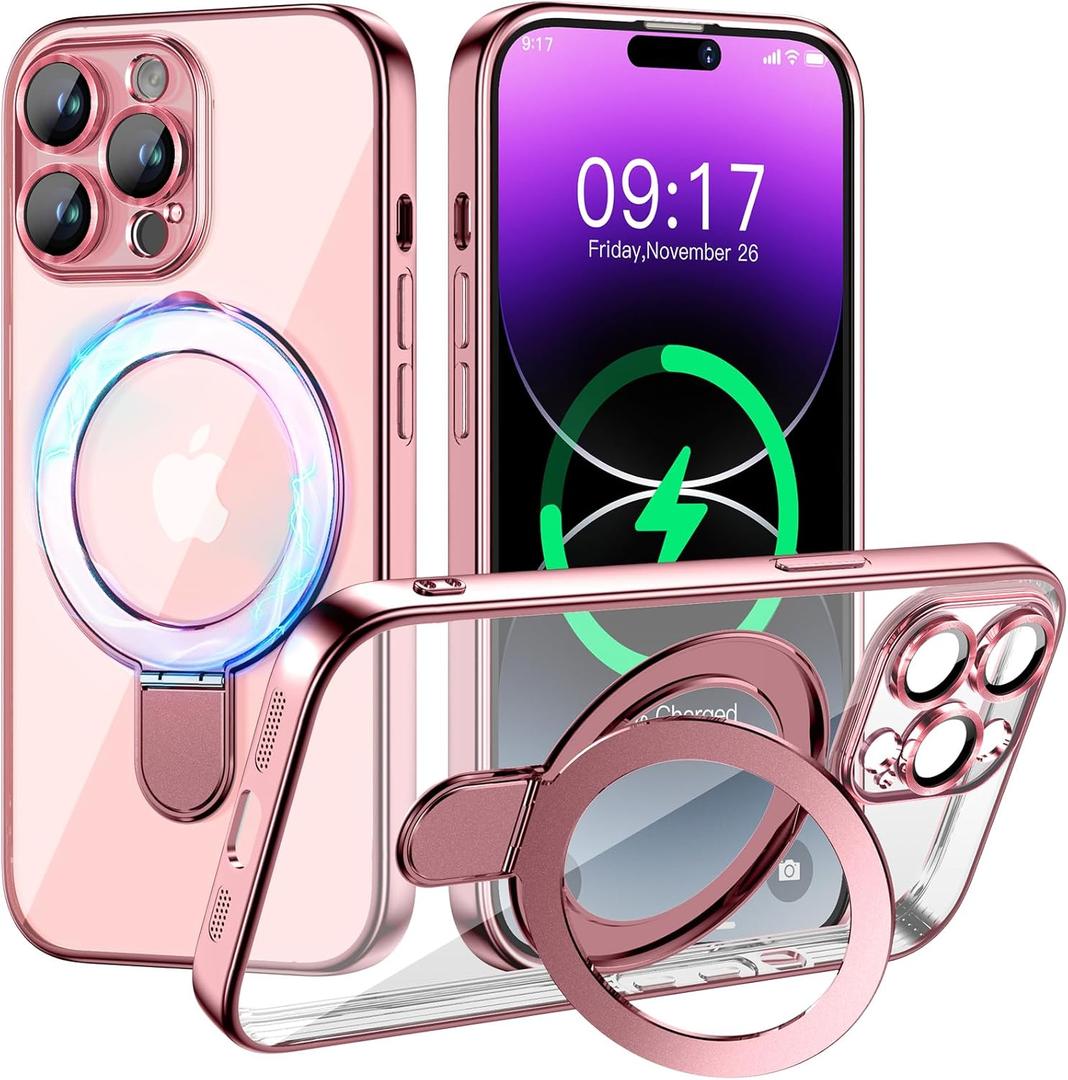 Magnetic for iPhone 14 Pro Case with Invisible Stand[Compatible with MagSafe][Full Camera Lens Protector][Military Drop Protection] Shockproof Not Yellowing Clear Slim Soft for Women Men (Pink)