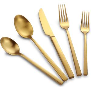 Stainless Steel Flatware Set Hand Forged 18/10 Silverware Set Cutlery Set Gold Cuboid Handle Matte Finished 20 Pieces Service for 4