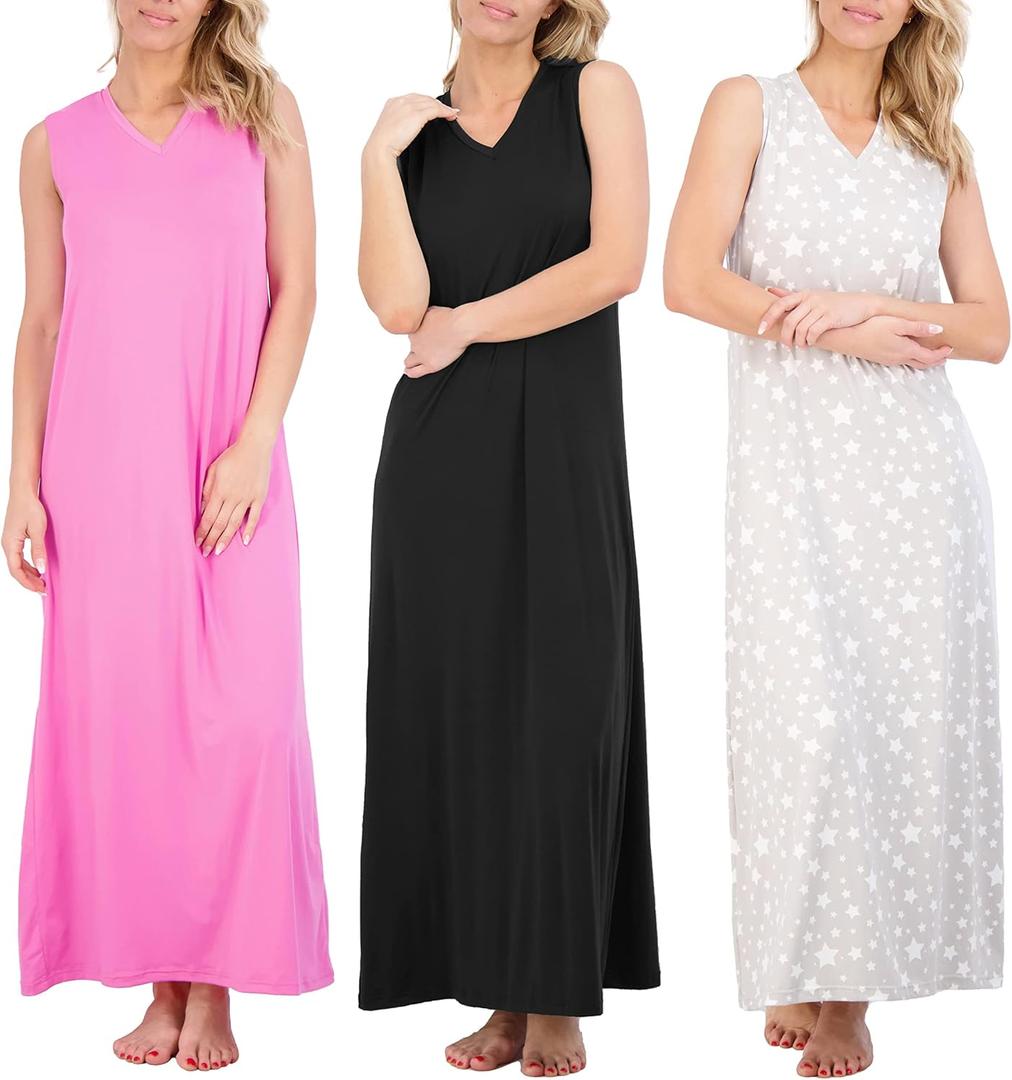 Real Essentials 3 Pack: Women's Soft Tank Nightgown Sleeveless Nightshirt Sleep Dress (Large)