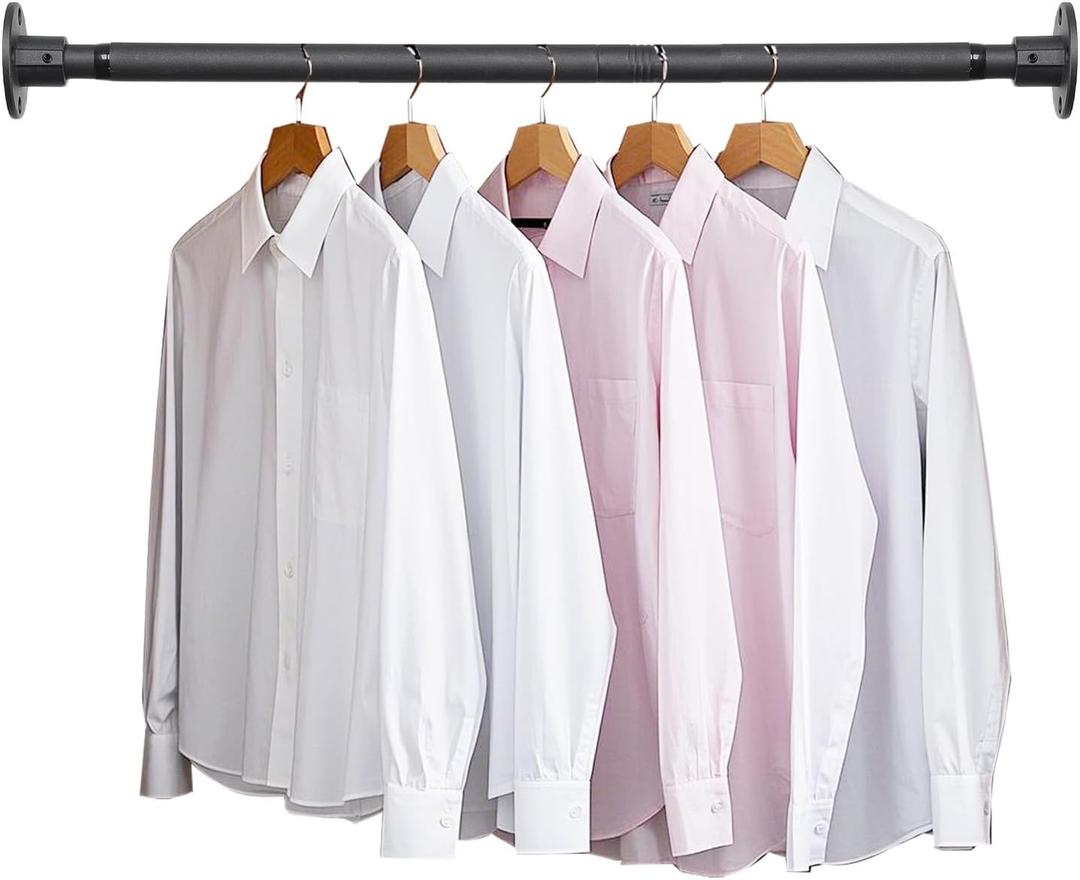 Closet Rod, 30 to 92 inch Adjustable Closet Rods for Hanging Clothes, Heavy Duty Closet Hanging Rod, Black Closet Hanger Poles, Metal Closet Hanging Bar for Wardrobes Laundry, Drilling Installation