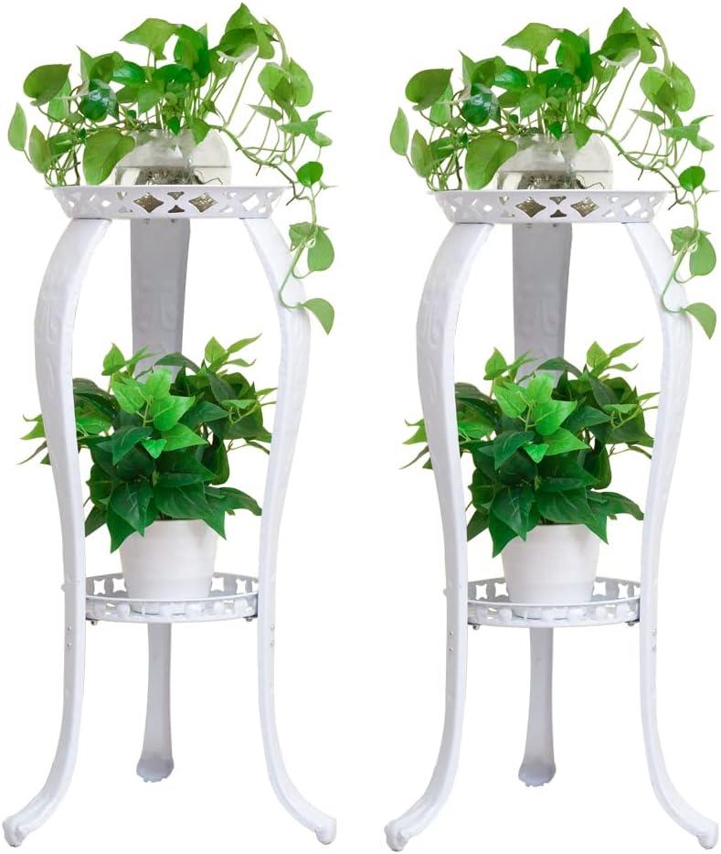 2 Pack Metal Potted Plant Stand 2 Tier Tall Flower Pot Stands Decorative Flower Pot Rack Planter Holders Indoor Outdoor (White)