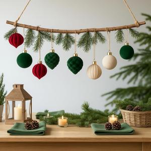 Tigeen 24 Pcs Velvet Glass Christmas Balls 2.36'' 3.15'' Flocked Ornaments for Christmas Tree Assorted Xmas Decorative Hanging Ornaments for Xmas Party Supplies Holiday Decor(Cream,Dark Green,Red)