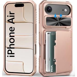 BXYJY for iPhone Air Phone Case Wallet, Card Holder (4-5 Cards), Slide Camera Cover, Military Grade Protection, Rugged Hard Women Girly Men Shockproof Protective Case for iPhone Air 6.5", Rose Gold