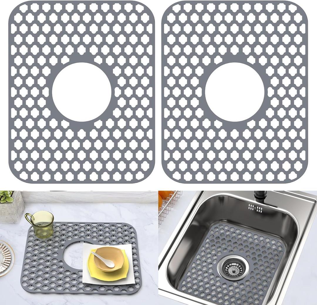 Silicone Sink Protector Kitchen Sink Mat 2 Pack 13.58"x 11.6" Gray, Silicone Center Drain Gray