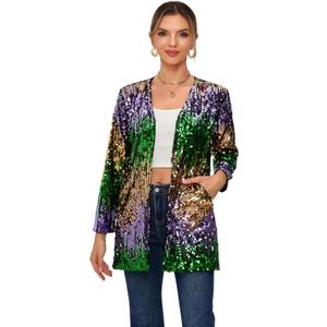 Women's Sequin Jacket Long Sleeve Open Front Blazer Glitter Sparkly Coat Party Casual Cardigan (Green+gold+purple), S