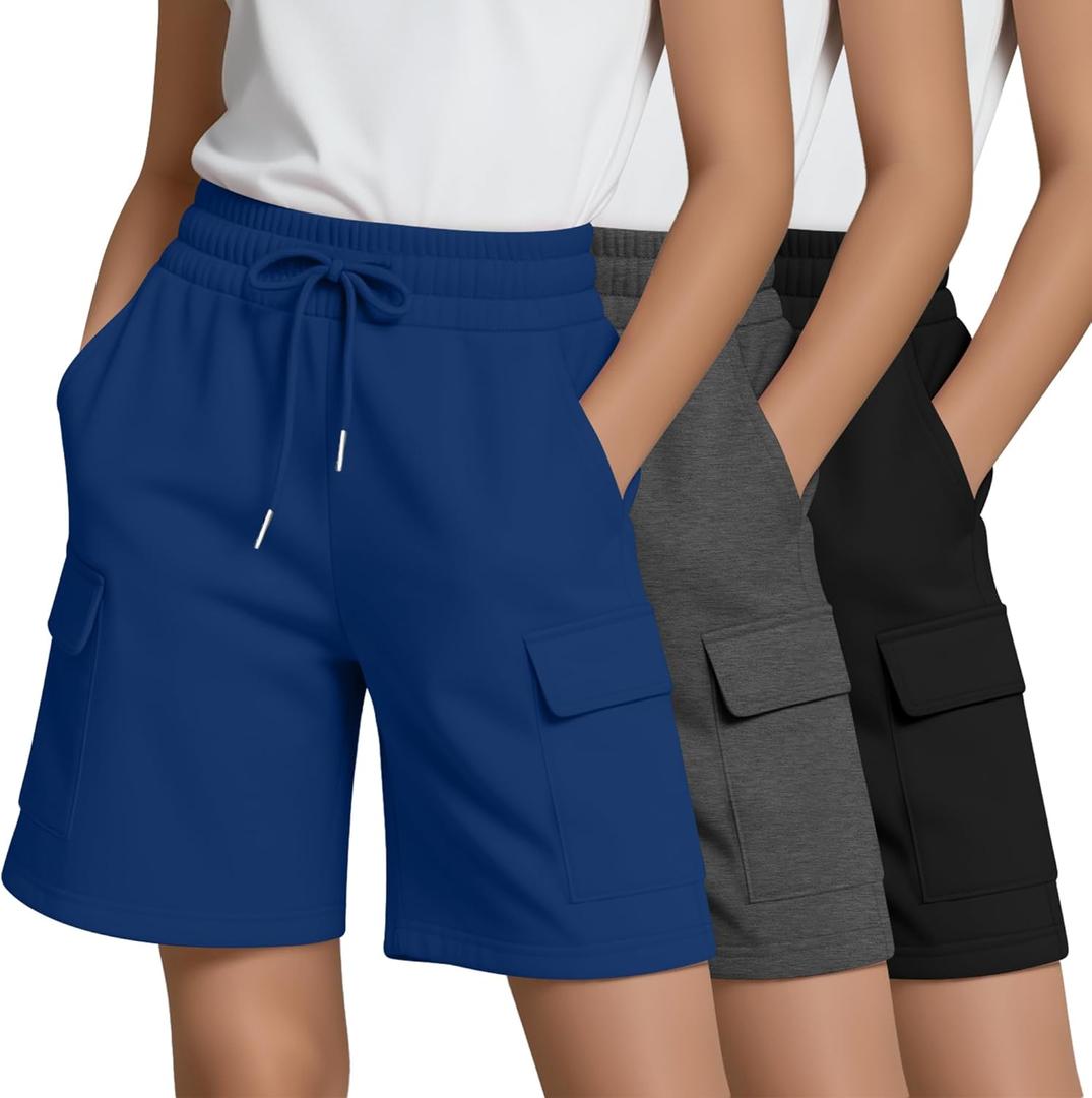 3 Pack Girls' Cargo Bermuda Shorts Elastic Drawstring Long Shorts Loose Casual Yoga SweatShorts with 4 Pockets (9-10 Years, Black, Dark Gray, Dark Blue)