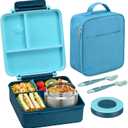 Itslife Bento Lunch Box for Kids with 8oz Soup Thermo&Lunch Bag, Leak-Proof Lunch Food Containers with 4 Compartment, Hot Food Insulated Food Jar for Kids School (Blue)