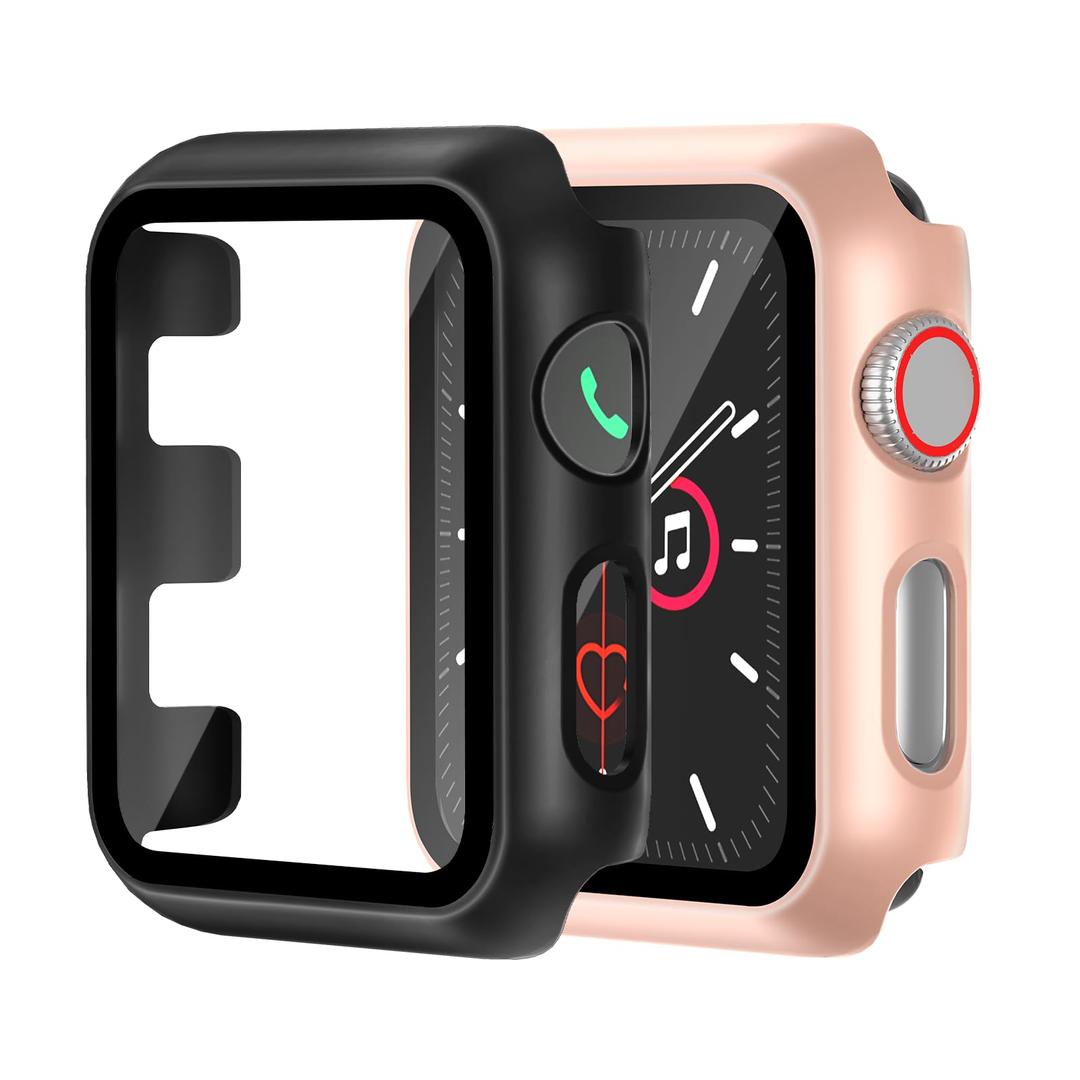 2 Pack Hard Case for Apple Watch Series Series 3/2/1 42mm [Full Protection], Built-in Screen Protector [Touch Sensitive] Slim Bumper Cover for iWatch S3/S2/S1 Accessories 42mm, Black+Rose Gold