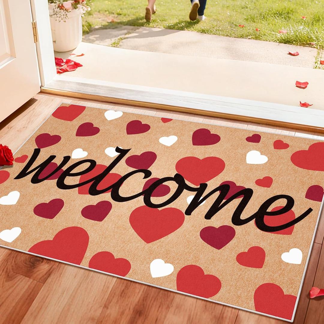 Svepndic Valentine's Day Mat 32"x48" Non Slip Holiday Floor Mat,Welcome Doormat Front Door Rug,Washable Entrance Door Mats Low Profile Heart Decorative Doormat